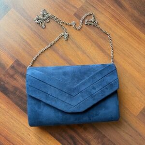 Milisente Navy Faux Suede Evening Clutch Bag Silver Chain Strap Formal Purse